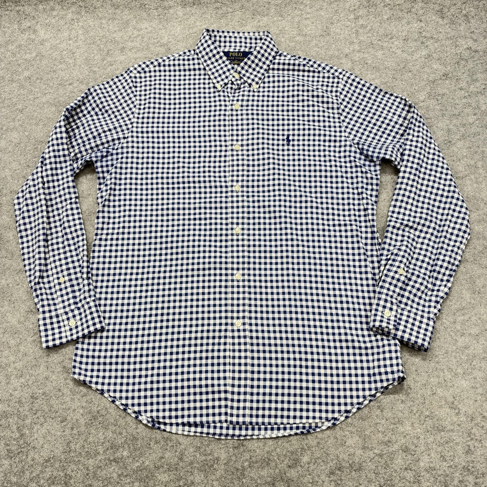 Polo Ralph Lauren Shirt Mens Large Blue Gingham Check Long Sleeve Performance